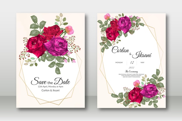 Elegant hand drawing wedding invitation card set floral design with water color free vector