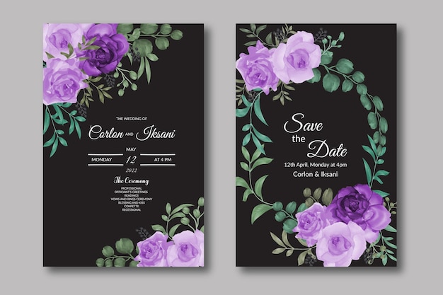エレガントな手描きの結婚式の招待カードセット花柄の水彩画無料ベクトル