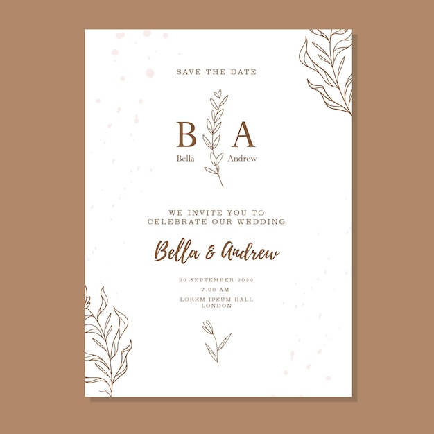 ELEGANT HAND DRAWN BROWN FLORAL WEDDING INVITATION SIMPLE