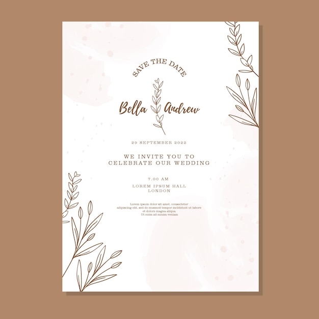 エレガントな手で描かれた茶色の花の結婚式の招待状のシンプル