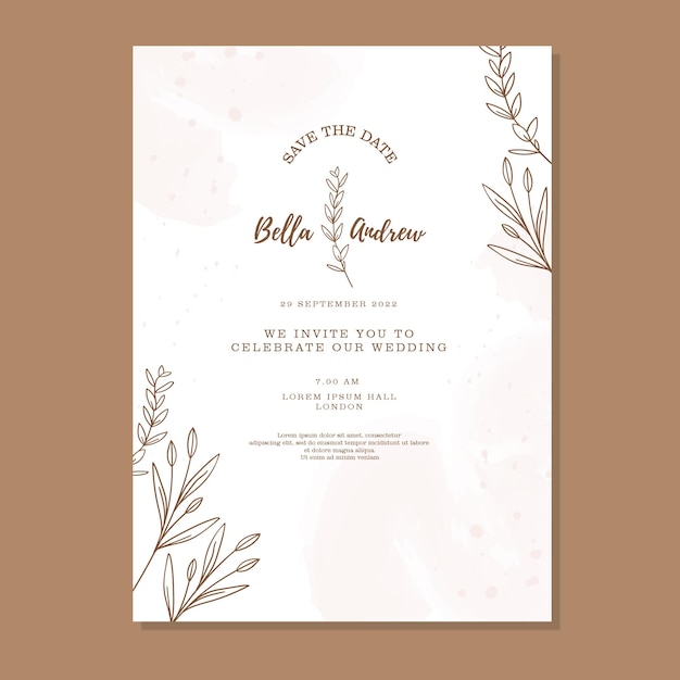 elegant hand drawn brown floral wedding invitation simple
