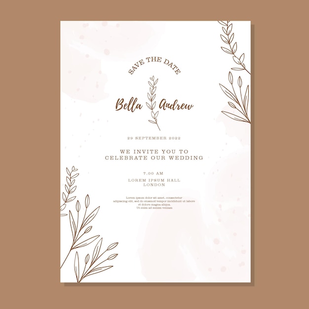 ELEGANT HAND DRAWN BROWN FLORAL WEDDING INVITATION SIMPLE