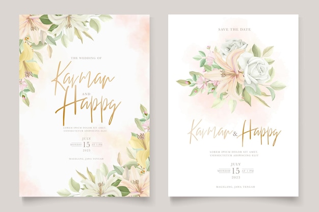 Elegant hand drawn floral and leaves wedding invitation card set