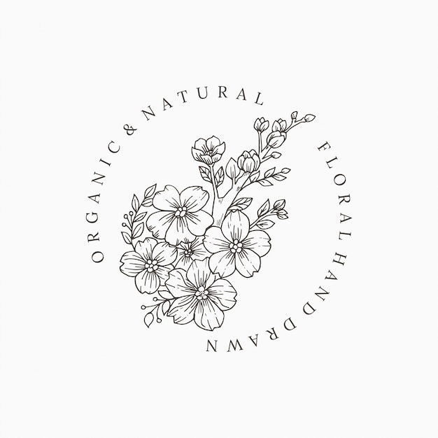 ベクトル エレガントな手描きの花のロゴプレミアムデザインテンプレート