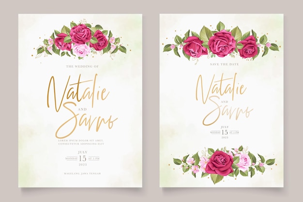 Elegant hand drawn floral roses invitation card set