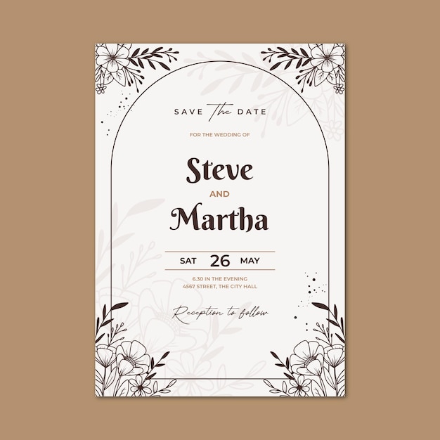 Elegant hand drawn floral wedding invitation card