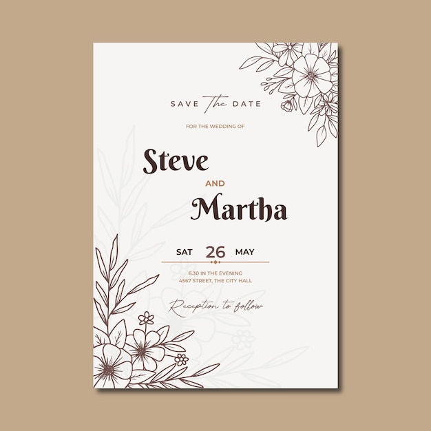 elegant hand drawn floral wedding invitation card