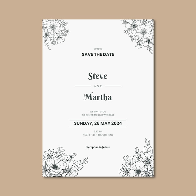 Elegant hand drawn floral wedding invitation card