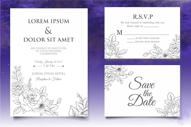 エレガントな手描きの花の結婚式の招待状のテンプレート