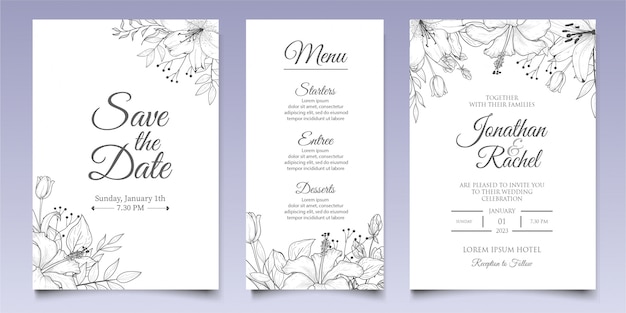 Elegant hand drawn floral wedding invitation template