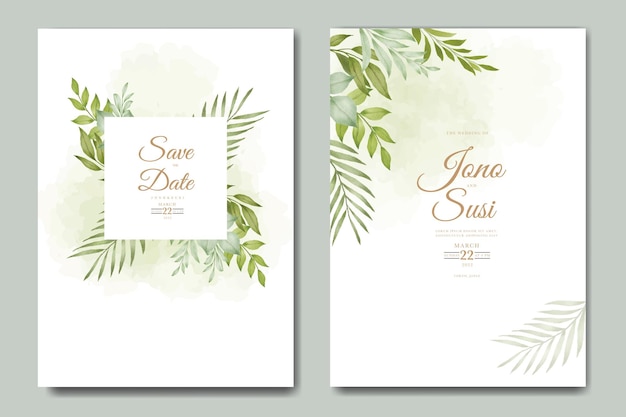 Elegant hand drawn greenery leaves watercolor wedding invitation card