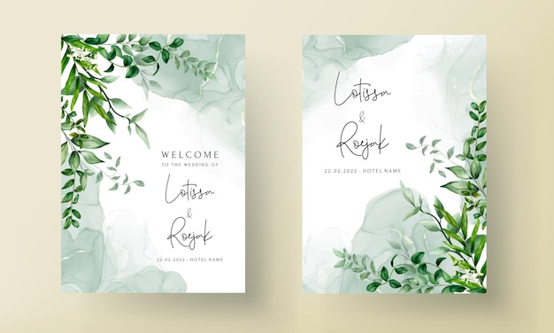 Elegant hand drawn greenery leaves watercolor wedding invitation card