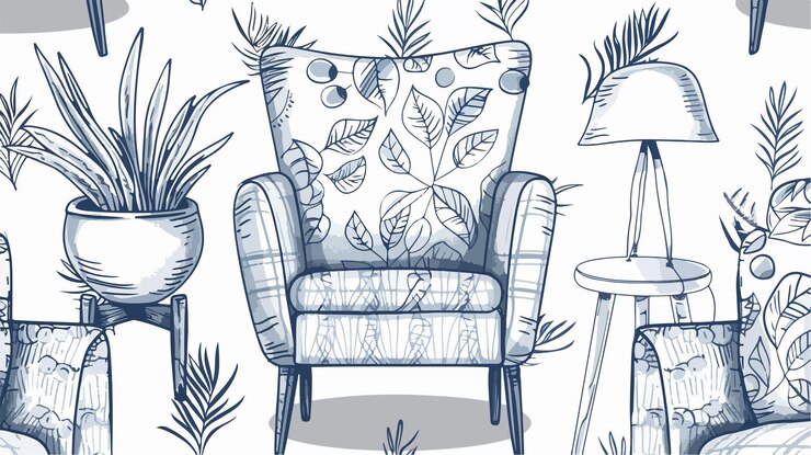 Vector elegant hand drawn home furniture seamless pattern