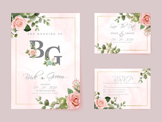 elegant hand drawn roses wedding invitation card template