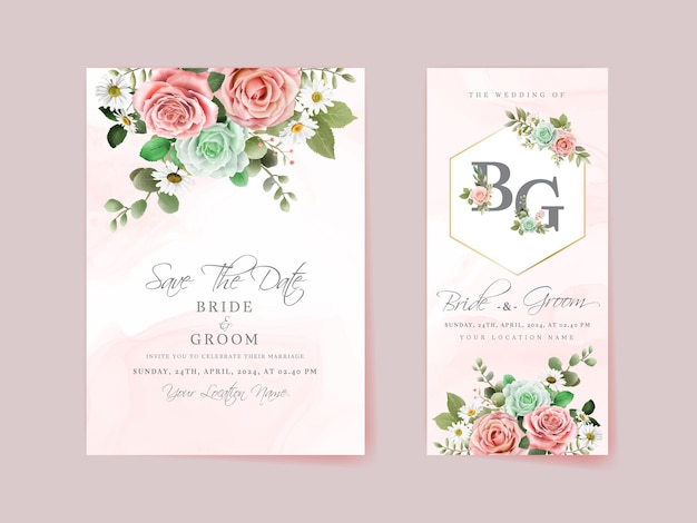 Elegante modello di carta di invito a nozze con rose disegnate a mano