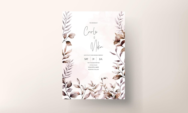 elegant hand drawn watercolor leaves wedding invitation template