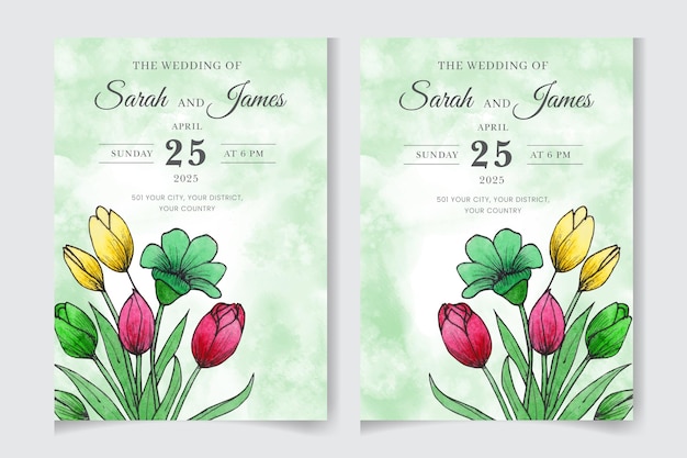 エレガントな手描きの水彩画の結婚式の招待状とメニューテンプレートと花のフレームデザイン
