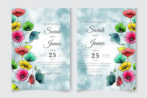 Elegant Hand drawn watercolor Wedding invitation and menu template and floral frame design