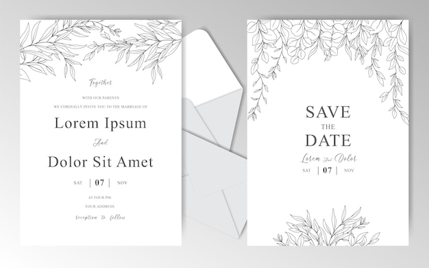 Elegant hand drawn wedding invitation cards template with beautiful leaves