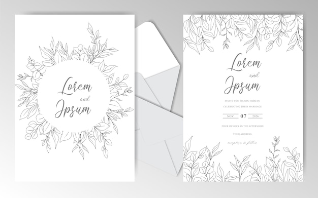 Elegant Hand drawn Wedding invitation cards template with Beautiful Leaves