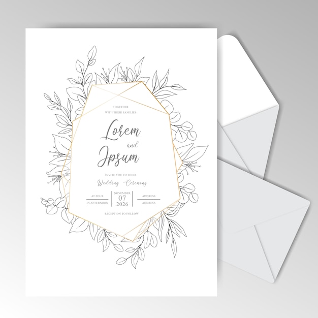 Elegant Hand drawn Wedding invitation cards template with Beautiful Leaves