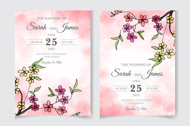 Elegant Hand drew watercolor Wedding invitation and menu template and floral frame design