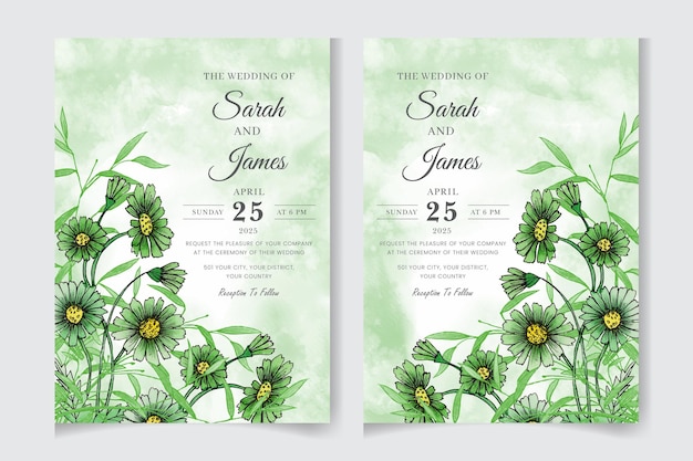 Elegant hand drew watercolor wedding invitation and menu template and floral frame design