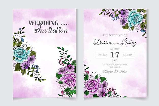 Elegant handdrawn wedding invitation card floral design with flowers leaves Nature art texture