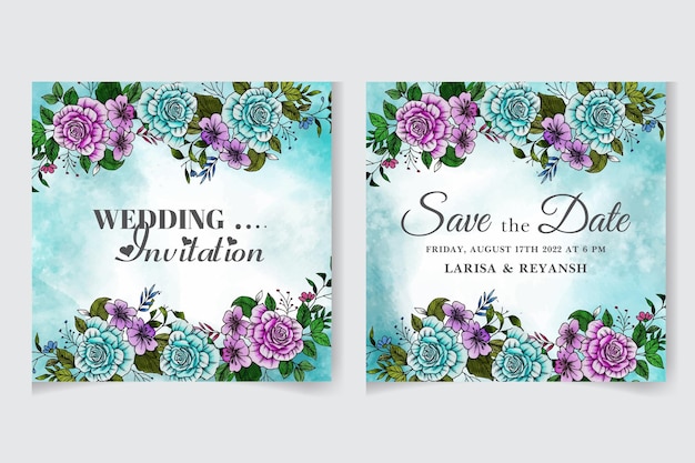 花とエレガントな手描きの結婚式の招待カードの花のデザインは、自然アートの質感を残します