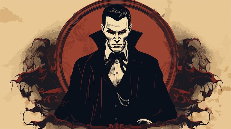 Vector elegant handsome vampire portrait on vintage paper background
