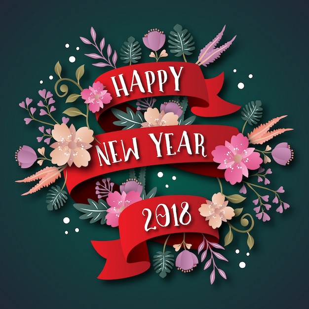 Vector elegant happy new year 2018 floral paper art greeting card illustration