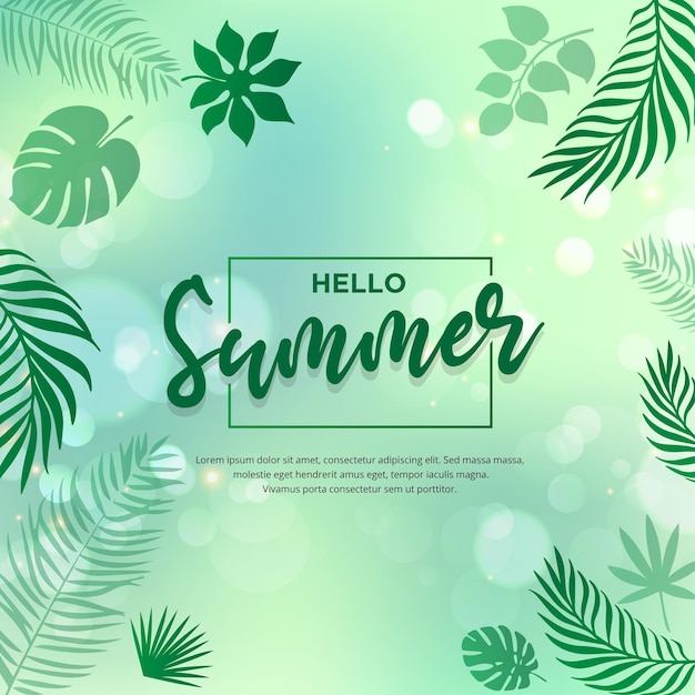 Elegant hello summer design with palm leaf and blur background vector