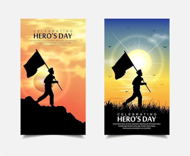 Элегантный сборник рассказов шаблонов дня героев, изолированных на флаге солдата и закате