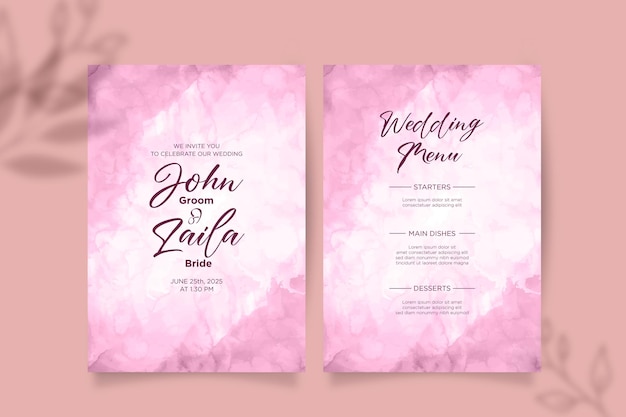 カラフルなメニューデザインのエレガントなホットピンクの水彩画の豪華な結婚式の招待状