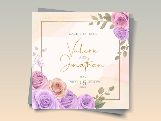 Elegant huwelijkskaartontwerp met roze en paarse rozenornamenten