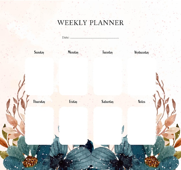 Vector elegant indigo blue watercolor floral weekly planner