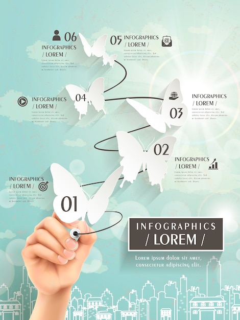 Elegante modello di infografica con ritaglio di farfalle di carta