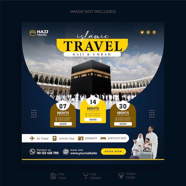 Vector elegant islamic hajj and umrah package square flyer