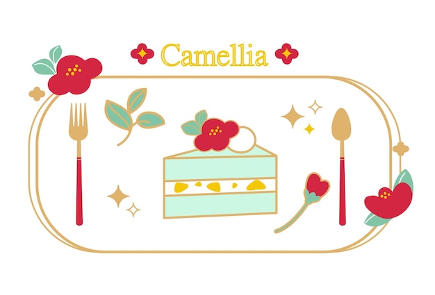 Elegant japanese camellia flower  cake sliced  with knife and fork simple style with golden edge