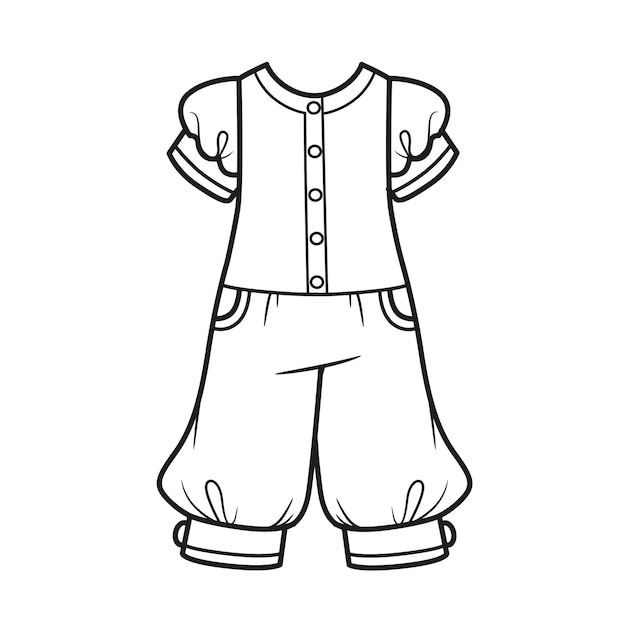 Elegant jumpsuit with puffed sleeves and cuffs outline for coloring on a white background