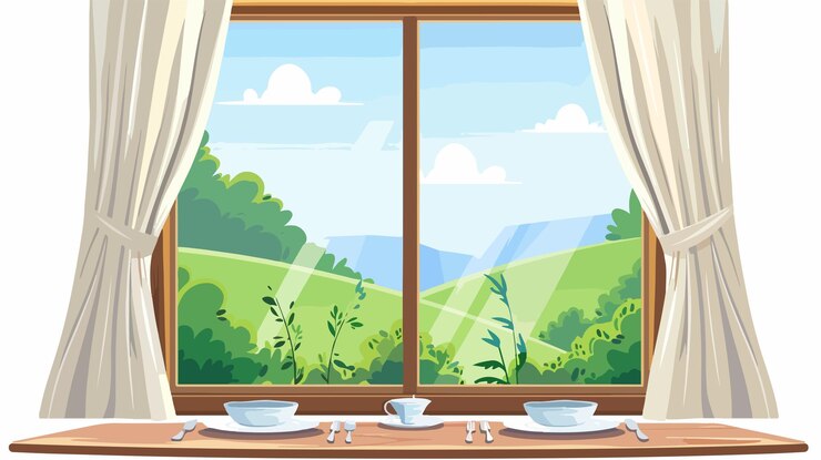 Vector elegant knife and fork arrangement by window with lush lands