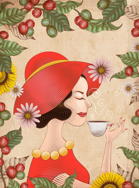 Elegant lady in red dress is drinking a cup of coffee, engraving style leaves and coffee cherries frame