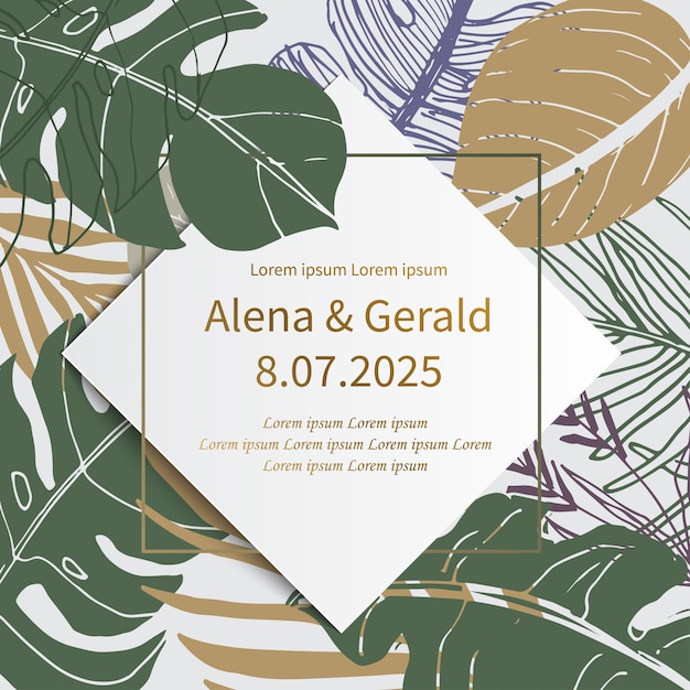 Elegant leaf line art style engagement wedding invitation template