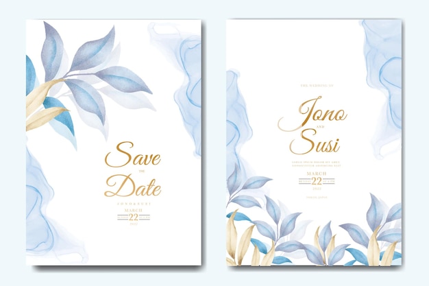 Elegant leaves wedding invitation template in classic blue