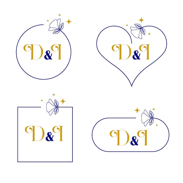 Elegante set di monogrammi nuziali con la lettera d e i