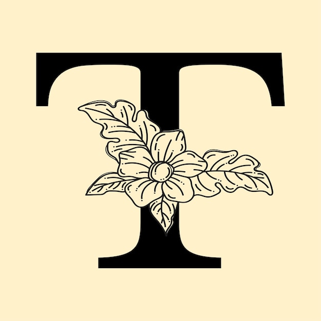 花輪の花のロゴが装飾されたエレガントな文字 T