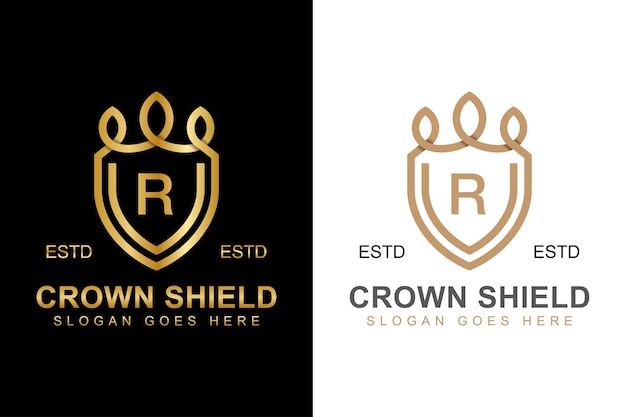Elegant lijntekeningen kroon- en schildlogo met eerste letter r logo-ontwerp twee versies