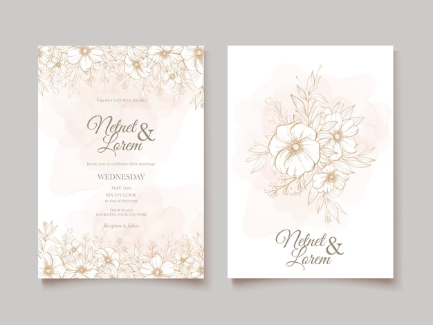 Vector elegant line art wedding card with beautiful floral and leaves template