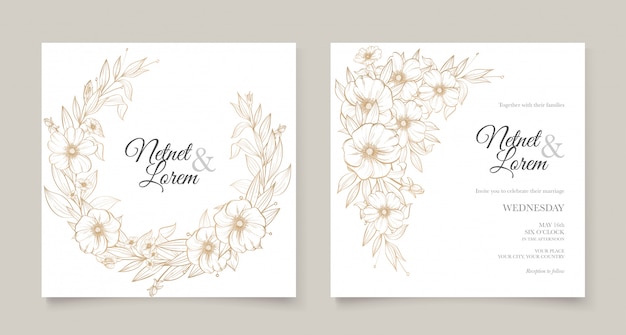 elegant line art wedding card with beautiful floral and leaves template