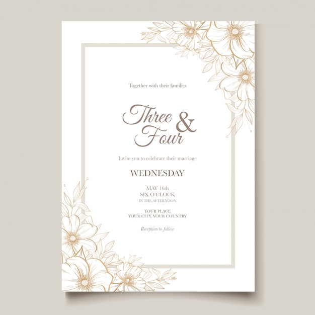 elegant line art wedding card with beautiful floral and leaves template